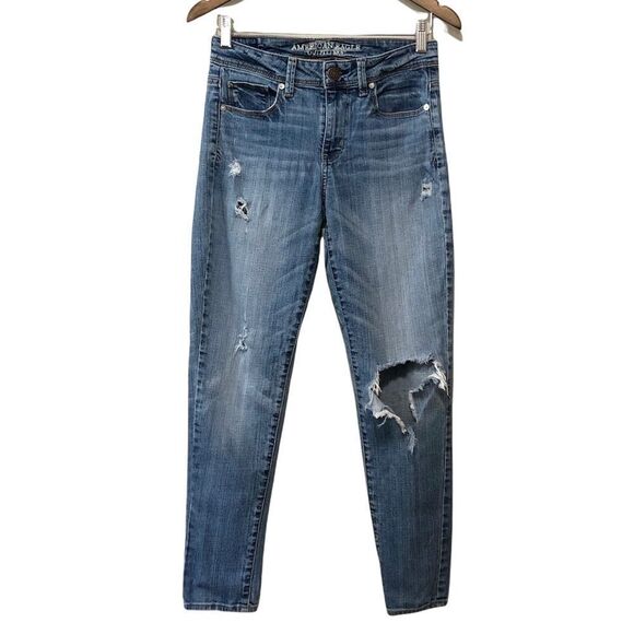 American Eagle Distressed Super Skinny Leg Fit Denim Jeans Pants Blue - Picture 12 of 12